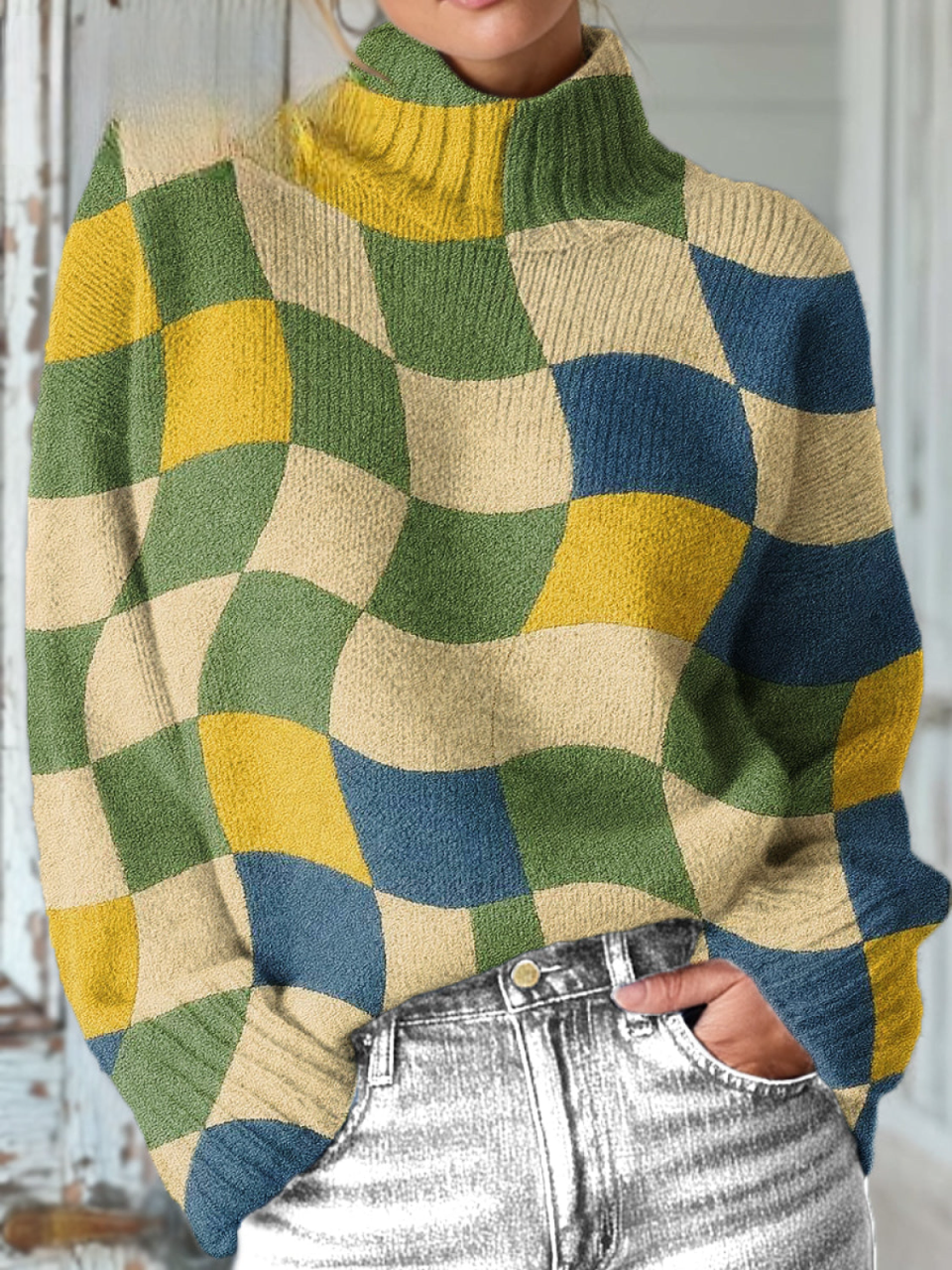 Abstrakcyjny Geometriczny Wzór Kratka Malarstwo Art Print Sweter z Golfem
