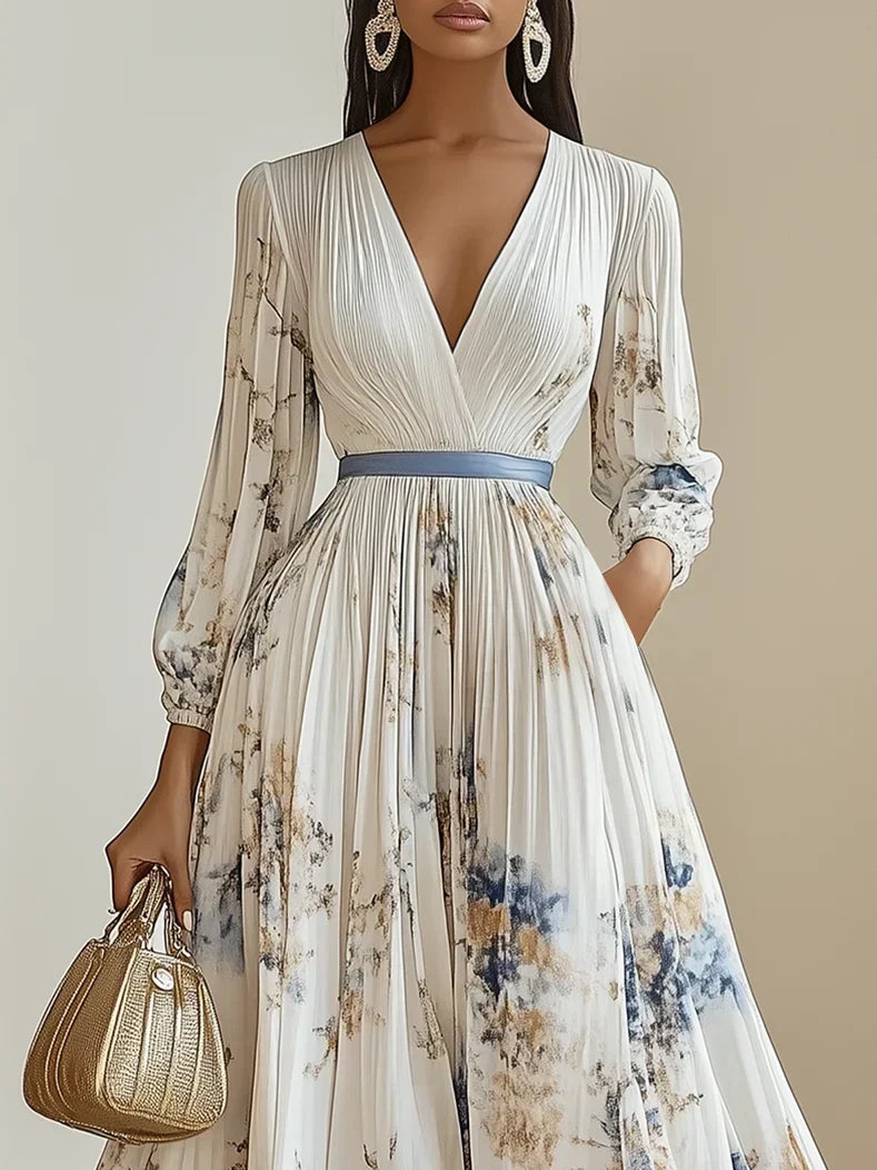 Halston - Elegancka sukienka maxi z dekoltem w szpic i bufiastymi rękawami