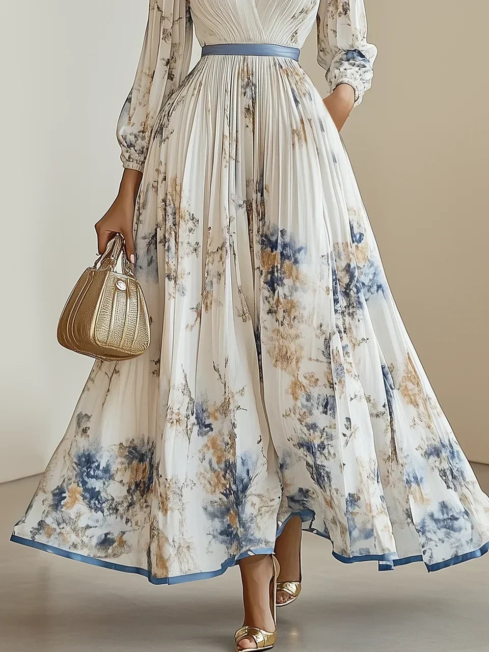 Halston - Elegancka sukienka maxi z dekoltem w szpic i bufiastymi rękawami