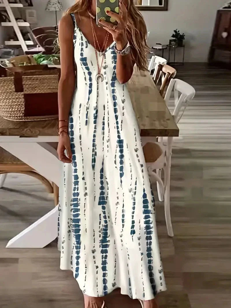 Seren - Damska sukienka maxi z dekoltem w serek i efektem tie-dye