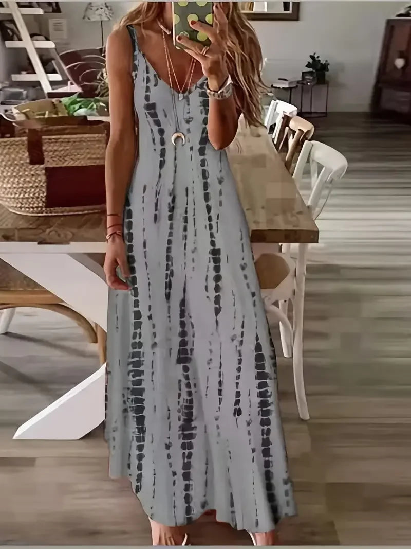 Seren - Damska sukienka maxi z dekoltem w serek i efektem tie-dye