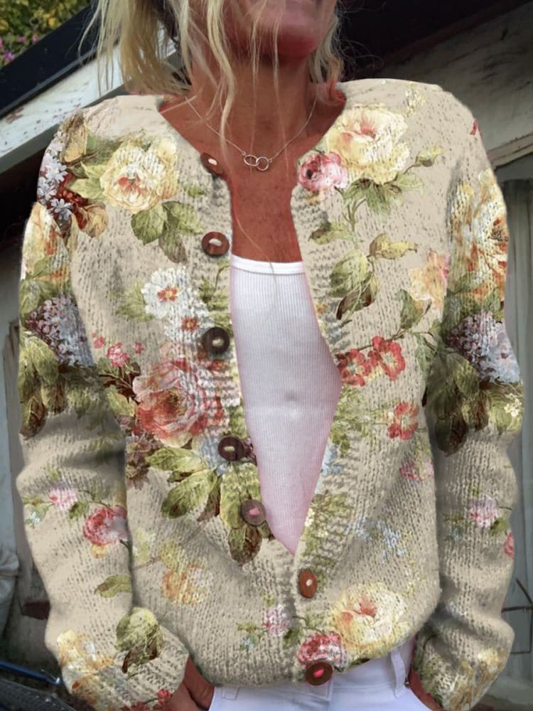 Sweter Kardigan z Retro Kwiatowym Wzorem