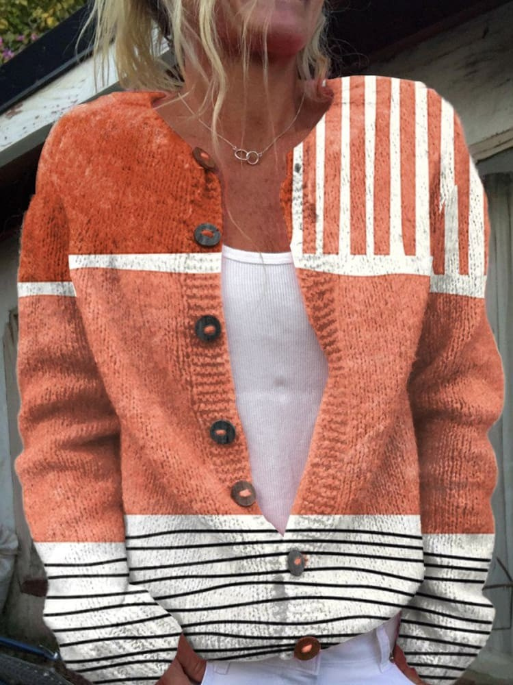 Retro Abstrakcyjna Sztuka - Casual Kardigan z Guzikami