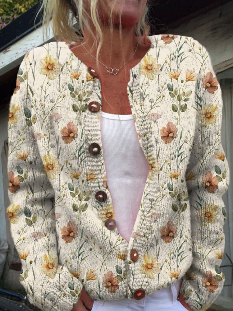 Sweter kardigan z nadrukiem w kwiaty akwarelowe