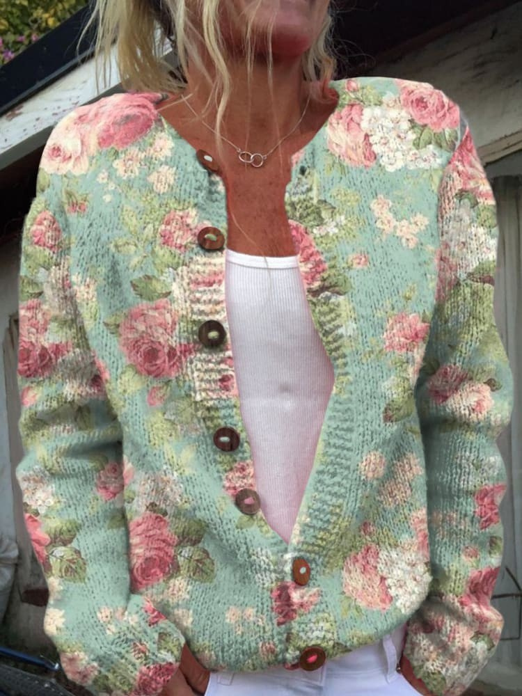Sweter Kardigan z Kwiatowym Wzorem w Stylu Retro