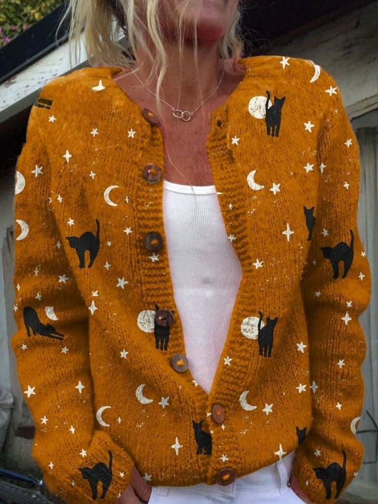 Sweter Kardigan z Guzikami w Motyw Czarnego Kota na Halloween