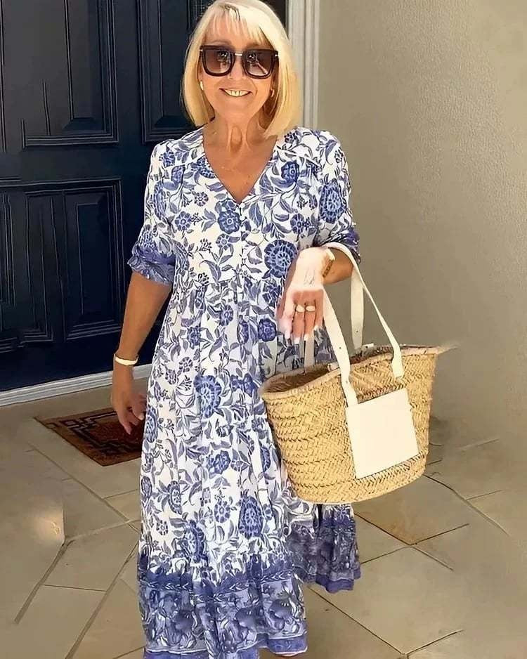 Mavis - Elegancka sukienka z długim rękawem, dekoltem w szpic i kwiatowym wzorem w stylu boho