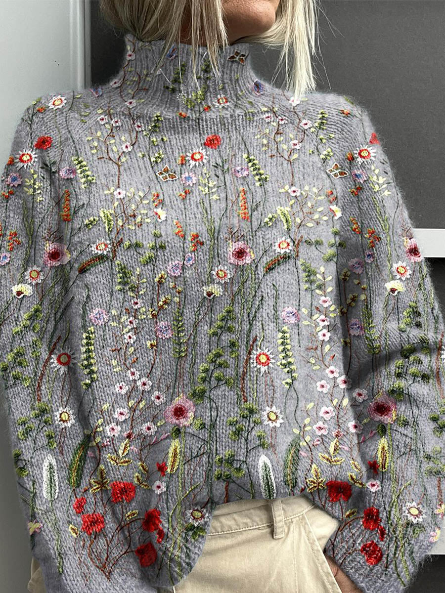 Kobieta Vintage Uroczy Kwiatowy Art Print Sweter z Golfem