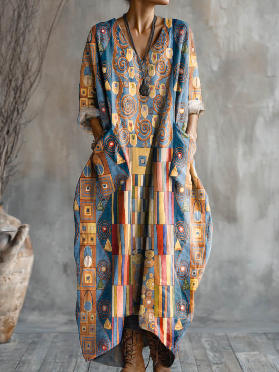 Boho Maxi Sukienka z Geometrycznym Wzorem i Kieszeniami