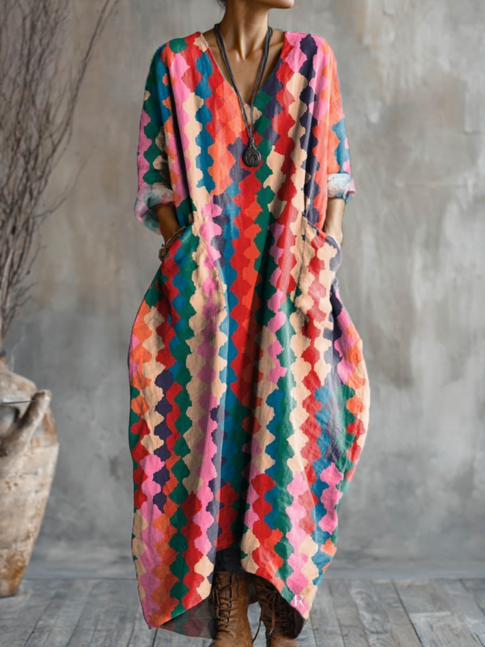 Luźna sukienka Boho Maxi z kieszeniami