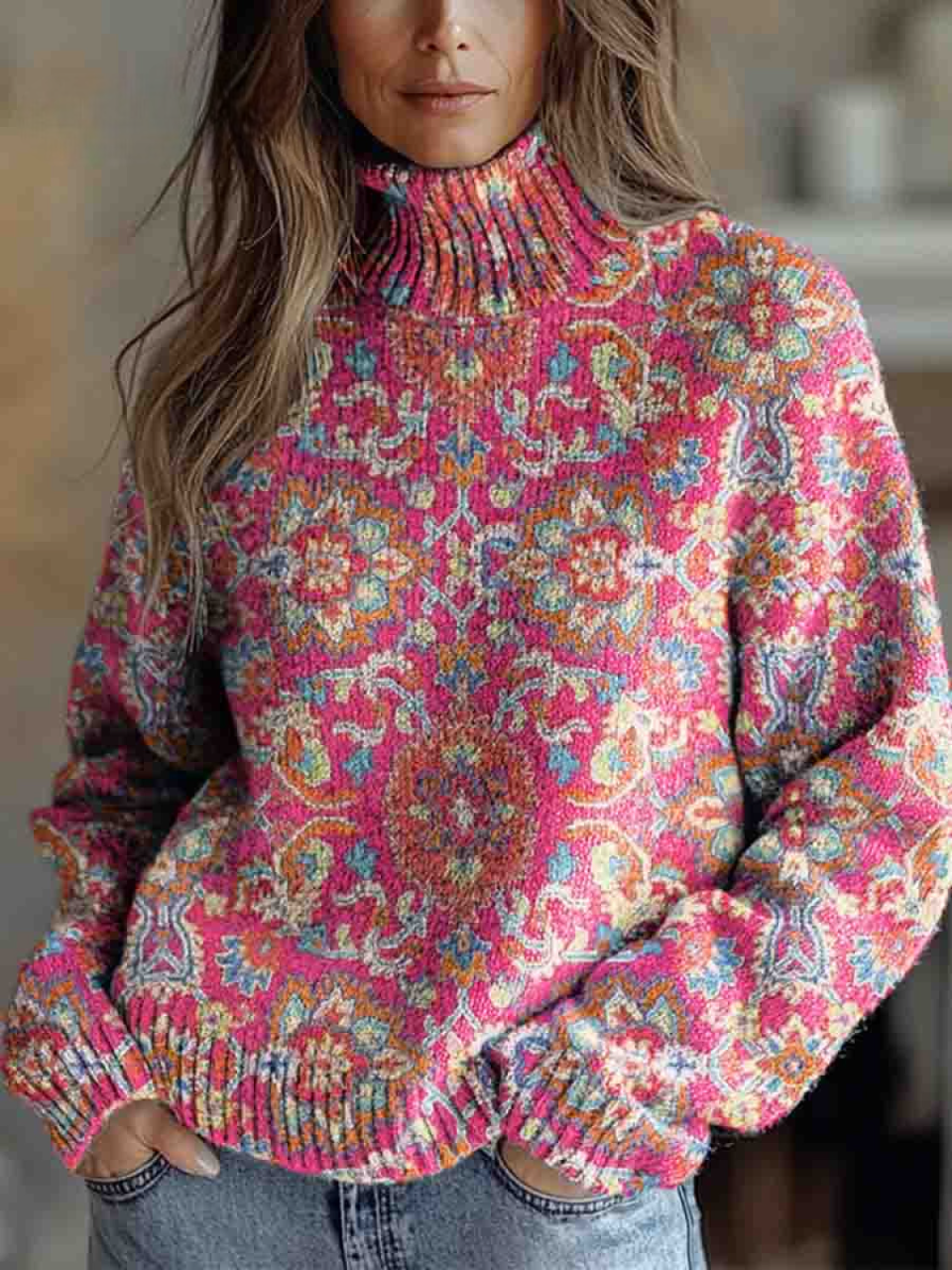 Retro Etniczny Golf Sweter z Kwiatowym Wzorem dla Kobiet