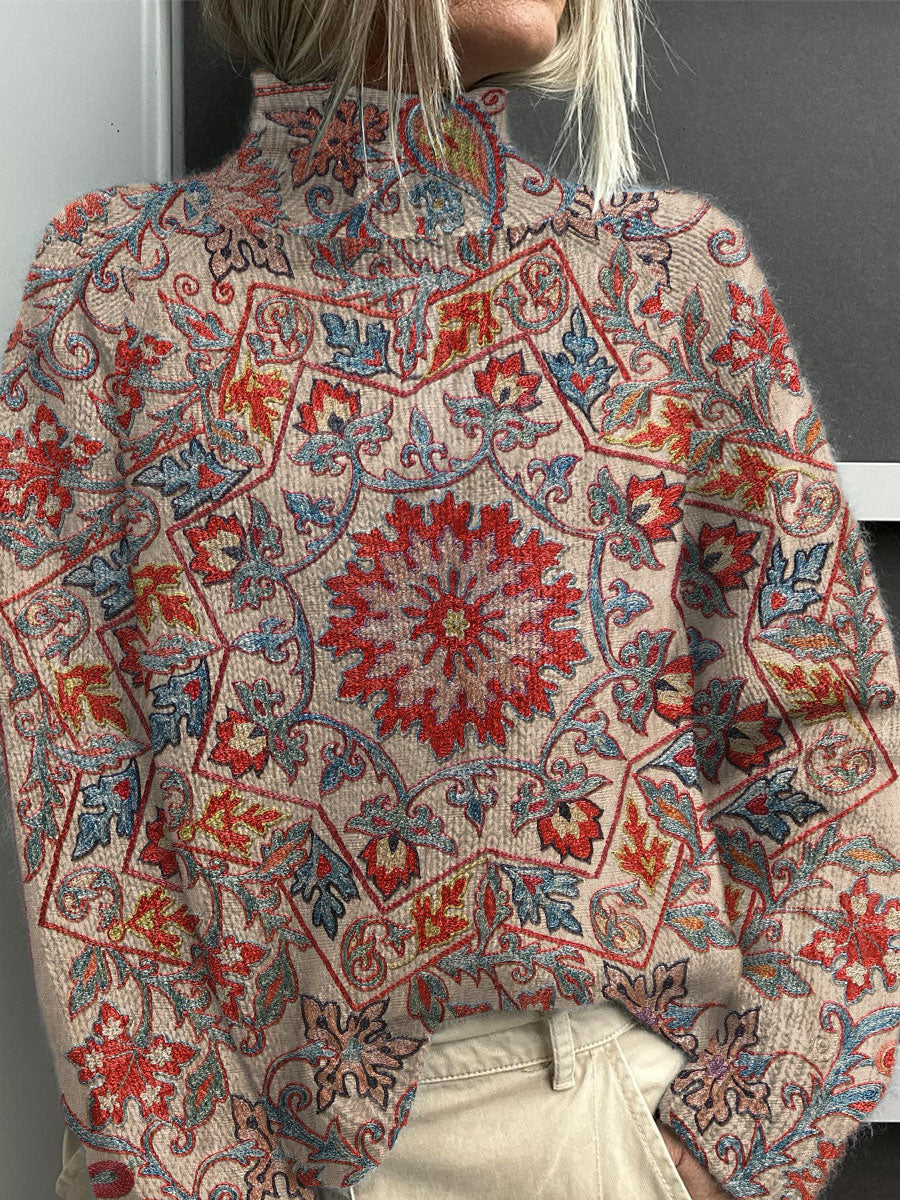 Sweter z golfem z dzianiny z nadrukiem kwiatowym w stylu vintage