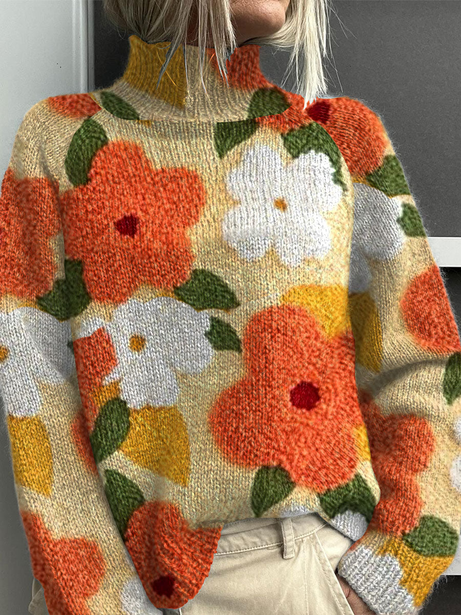 Sweter z golfem z dzianiny w stylu vintage z kwiatowym nadrukiem
