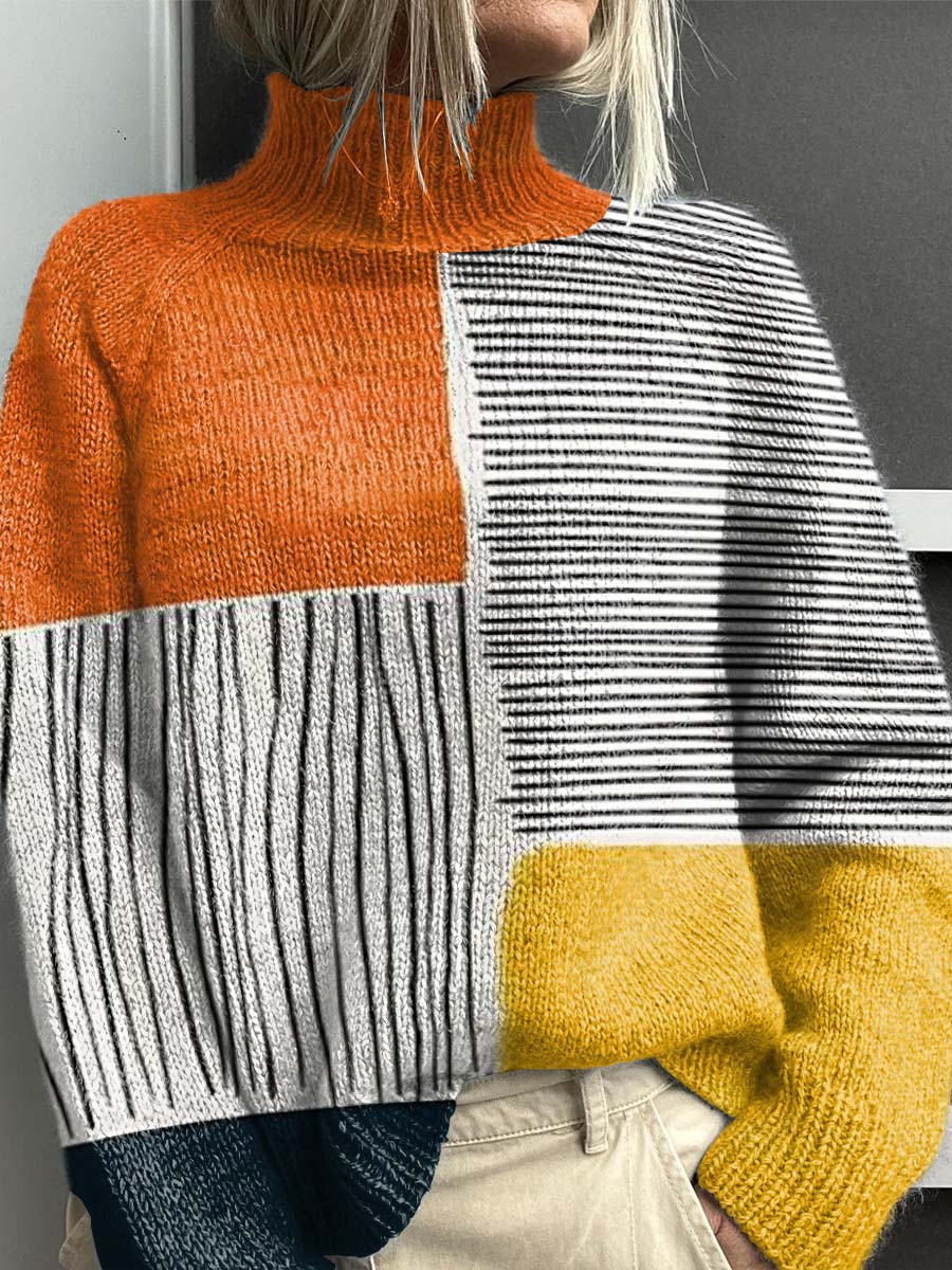 Sweter z golfem w kolorowe bloki i dekoracyjny wzór