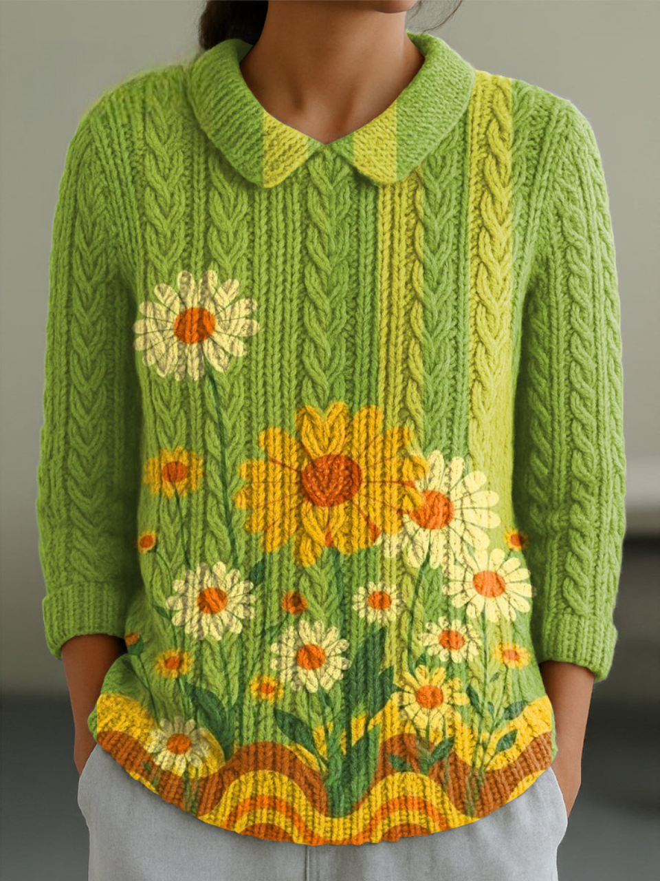 Stylowy sweter damski z pięknym nadrukiem słoneczników - artystyczny design, kołnierzyk Peter Pan, 3/4 rękaw