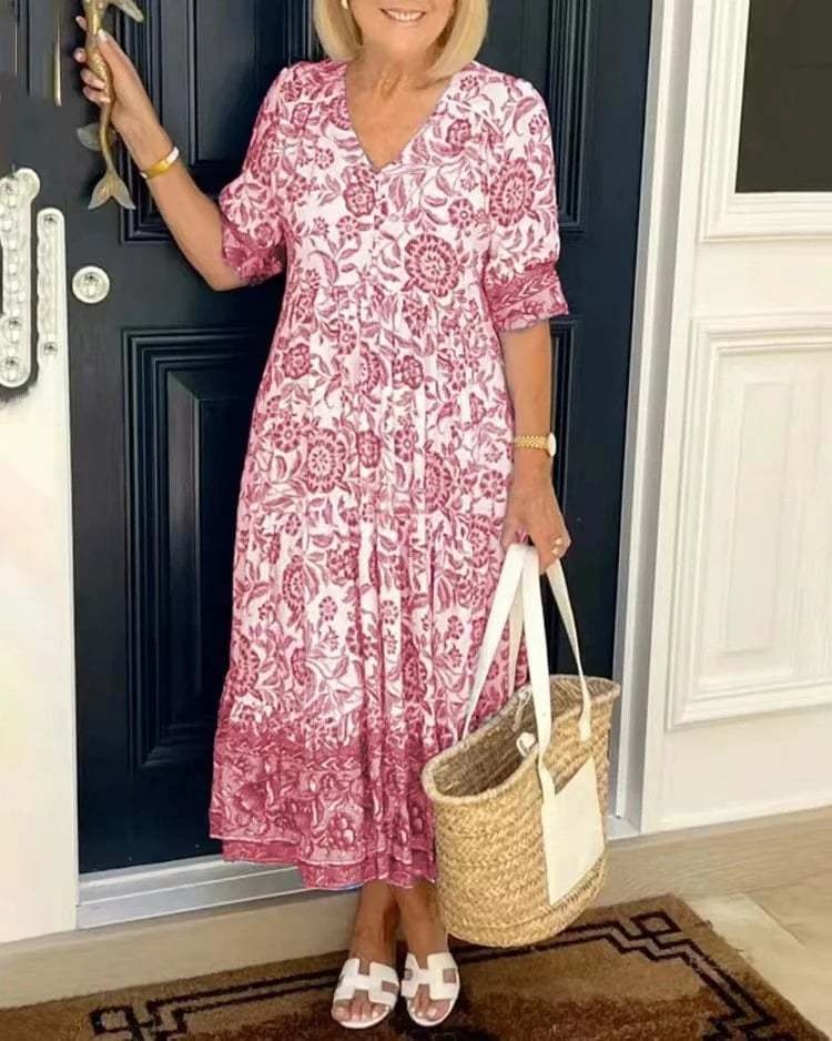 Mavis - Elegancka sukienka z długim rękawem, dekoltem w szpic i kwiatowym wzorem w stylu boho
