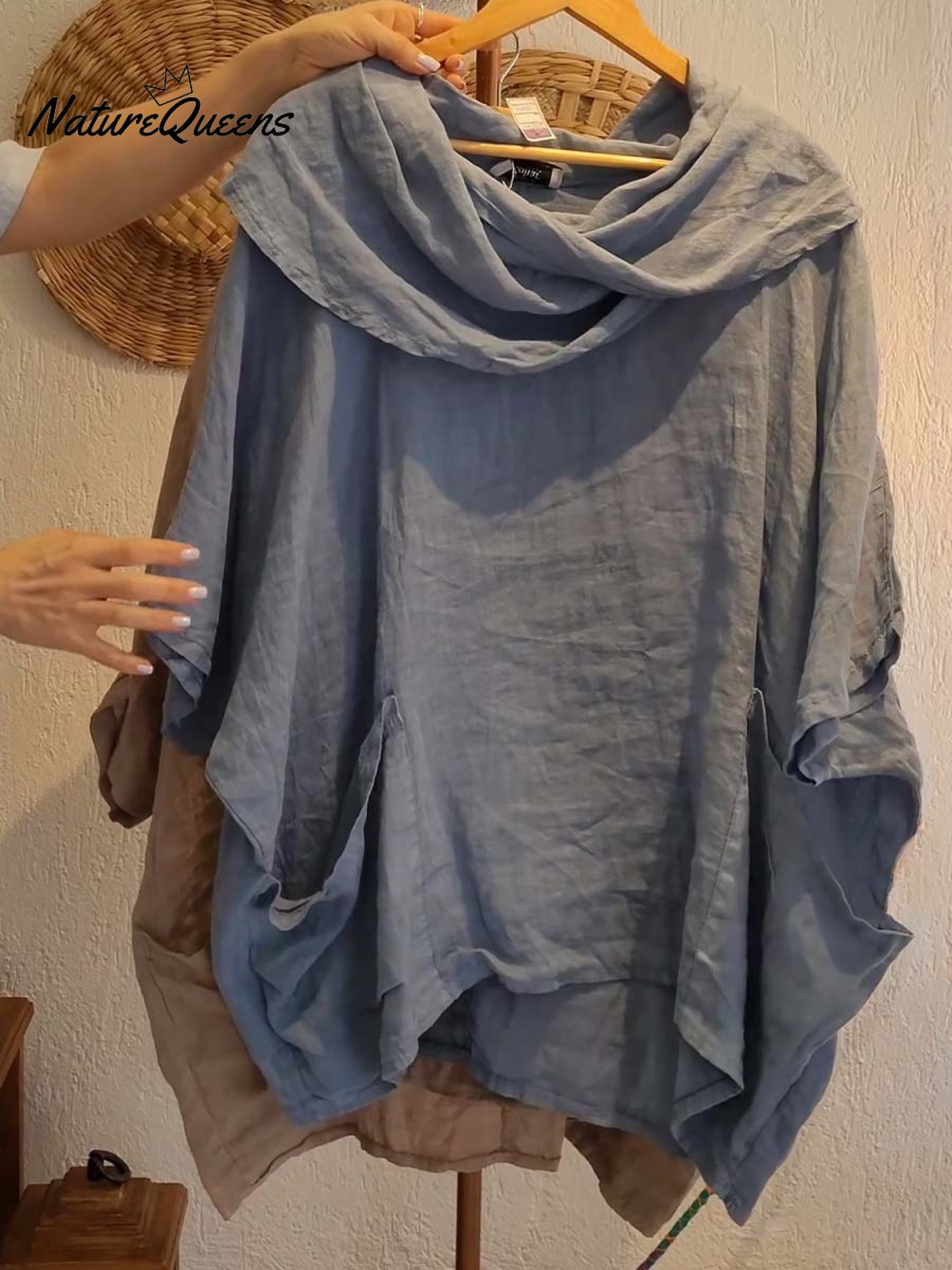 Damska bluzka z dekoltem drapowanym, jednokolorowa, z 3/4 rękawami, wygodna, casualowa, z kieszeniami, wykonana z lnu