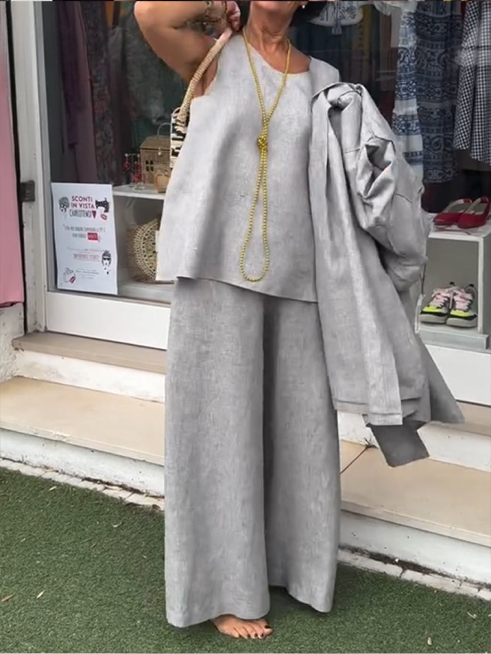 Damski casualowy bawełniany i lniany top bez rękawów oraz spodnie w zestawie