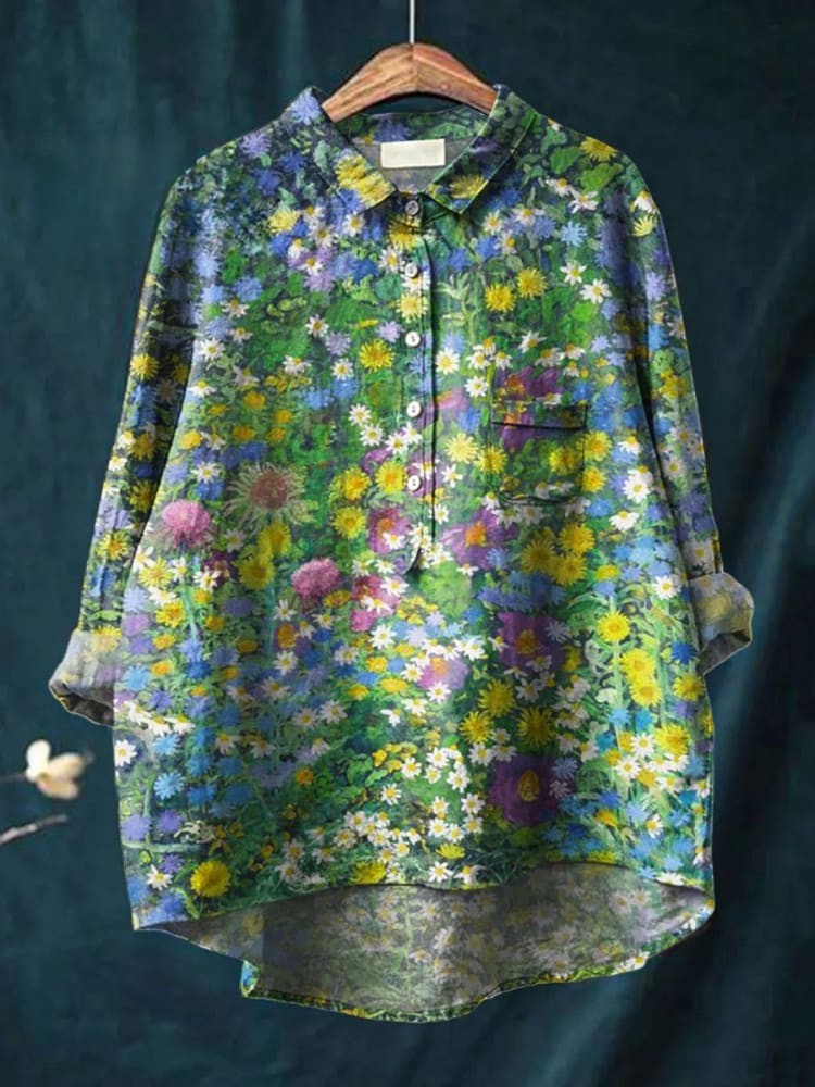 Koszula damska w stylu vintage z kwiatowym nadrukiem z lnu
