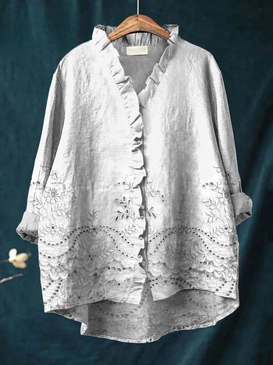 Damowa koszula z falbanami z bawełny i lnu w stylu vintage z kwiatowym nadrukiem