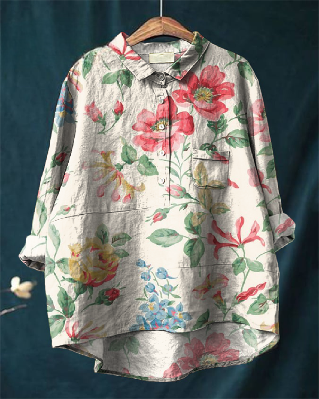 Koszula Casual z Bawełny i Lnu w Kwiatowy Wzór Vintage