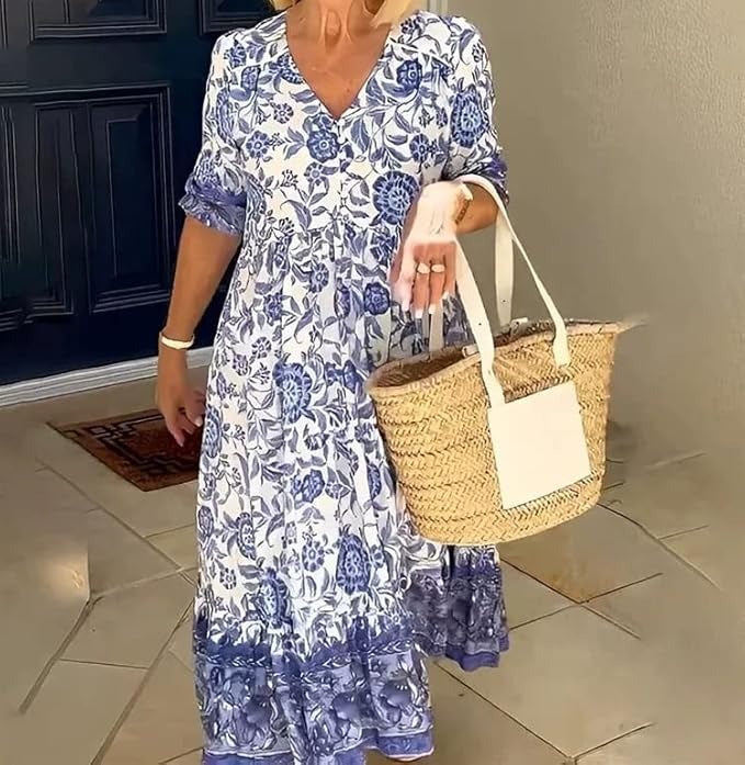 Mavis - Elegancka sukienka z długim rękawem, dekoltem w szpic i kwiatowym wzorem w stylu boho