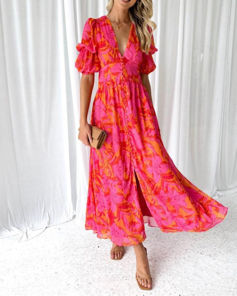 Clara – Elegancka sukienka maxi z dekoltem w szpic i bufiastymi rękawami