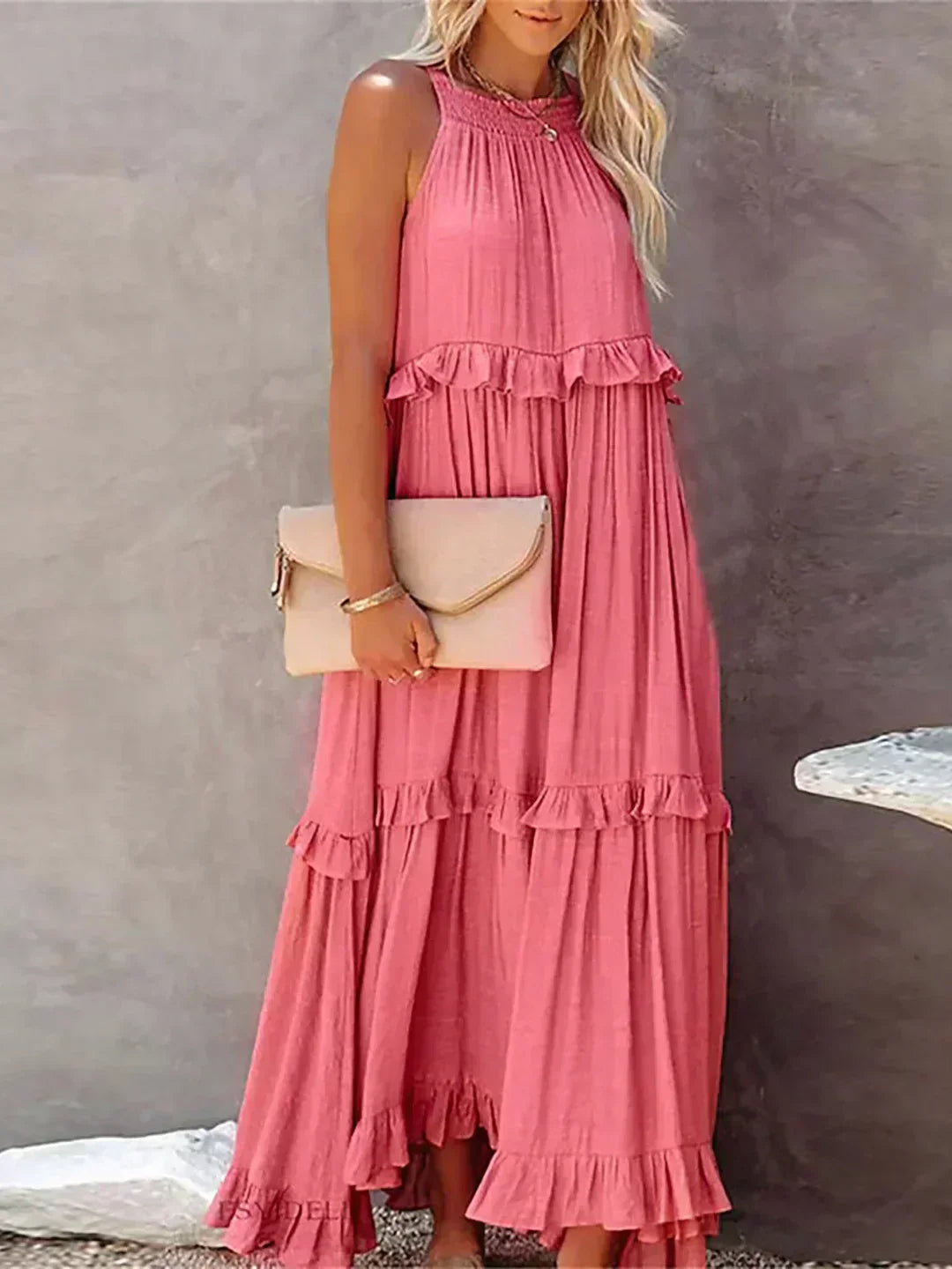 Delilah - Elegancka sukienka z falbanami i wiązaniem na szyi