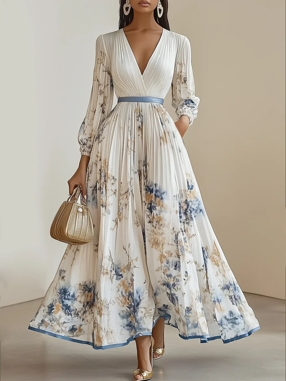 Halston - Elegancka sukienka maxi z dekoltem w szpic i bufiastymi rękawami