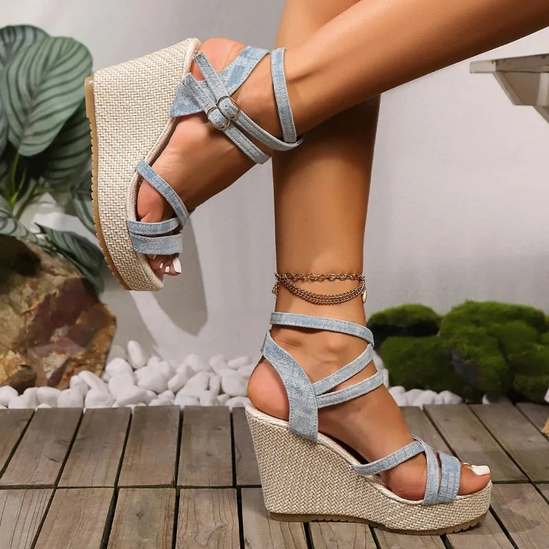 Avoralis™| Denim Wedged Heel Sandals