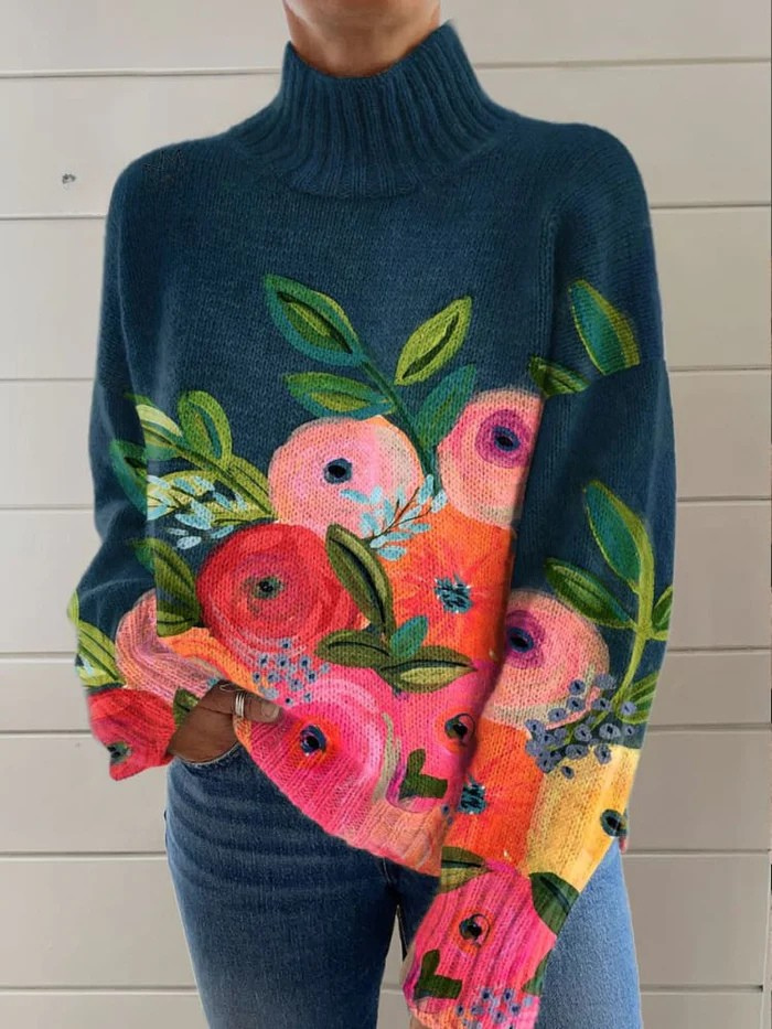 Sweter z golfem w retro kwiatowy wzór