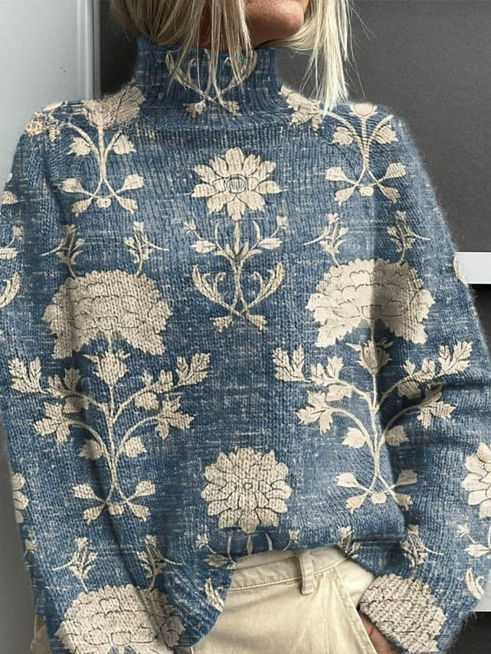 Damski Vintage Uroczy Kwiatowy Wzór Sweter z Golfem