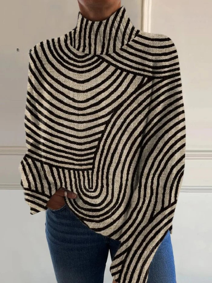 Vintage Ręcznie Rysowany Wzór Print Sweter z Golfem