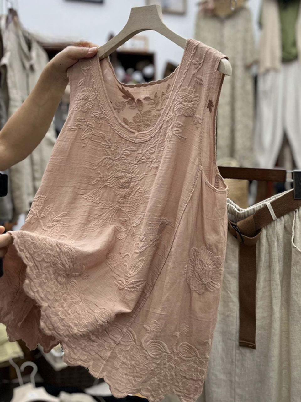 Vintage Kobieca Koronkowa Bezrękawnik z Bawełny i Lnu
