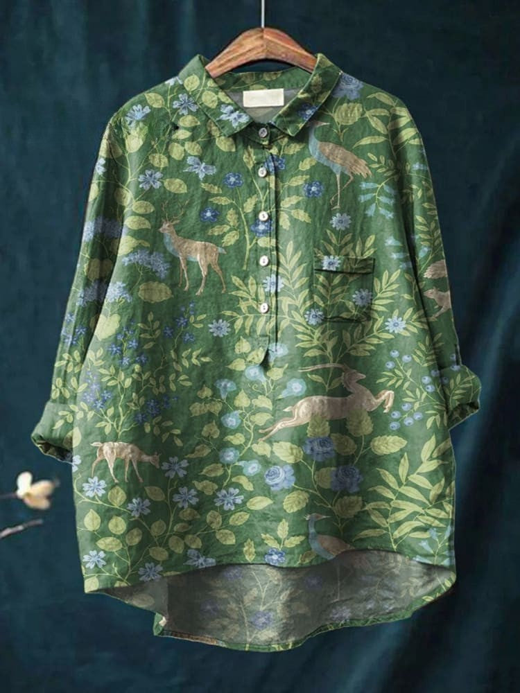 Kobieta Vintage Kwiatowe Zwierzęta Sztuka Druk Casual Lniana Koszula