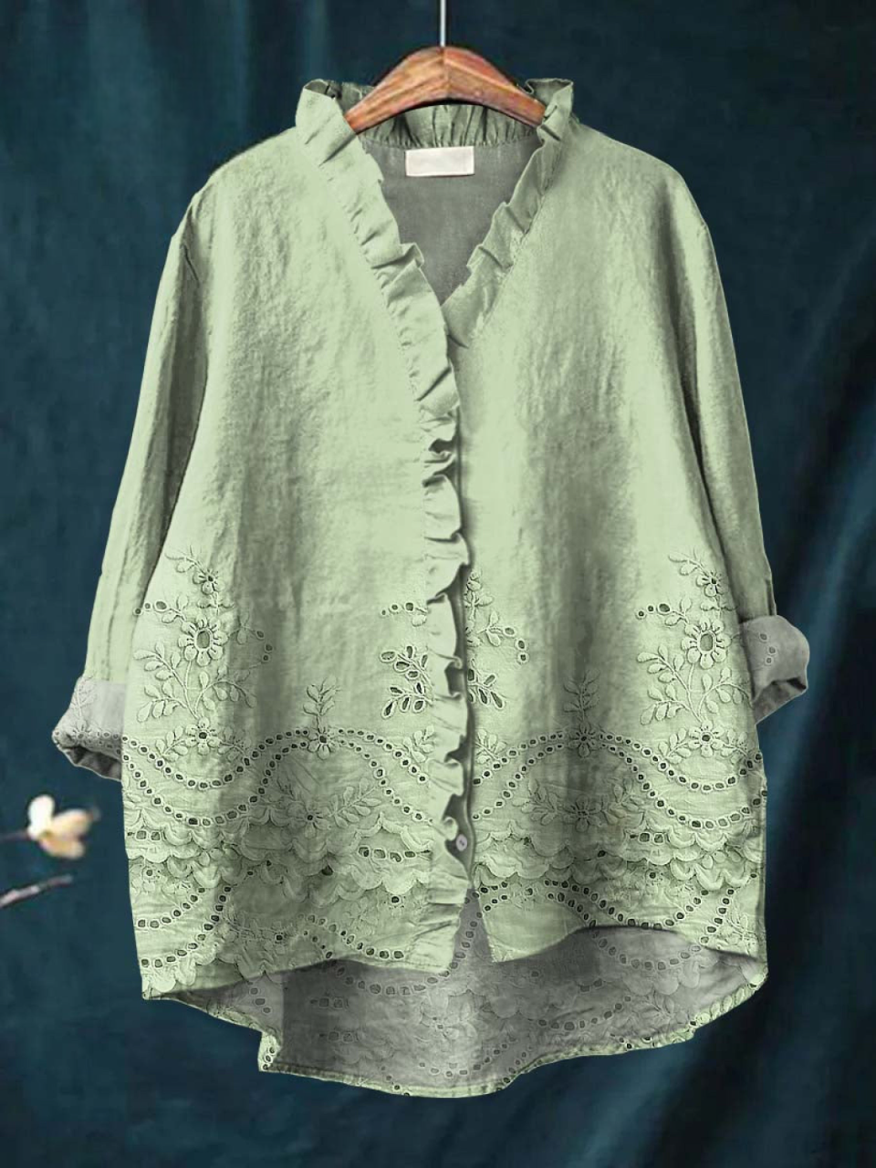 Damowa koszula z falbanami z bawełny i lnu w stylu vintage z kwiatowym nadrukiem