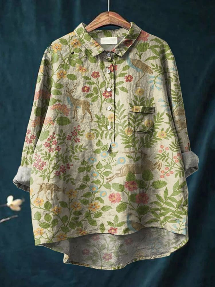 Kobieta Vintage Kwiatowe Zwierzęta Sztuka Druk Casual Lniana Koszula