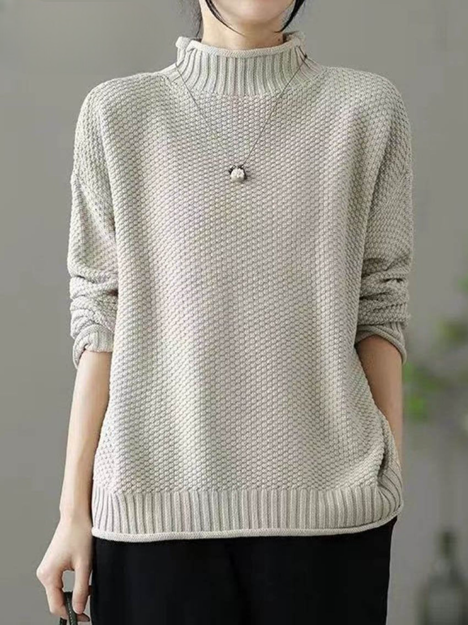 Damski Retro Gładki Luźny Elegancki Półgolf Casual Sweter Dzianinowy