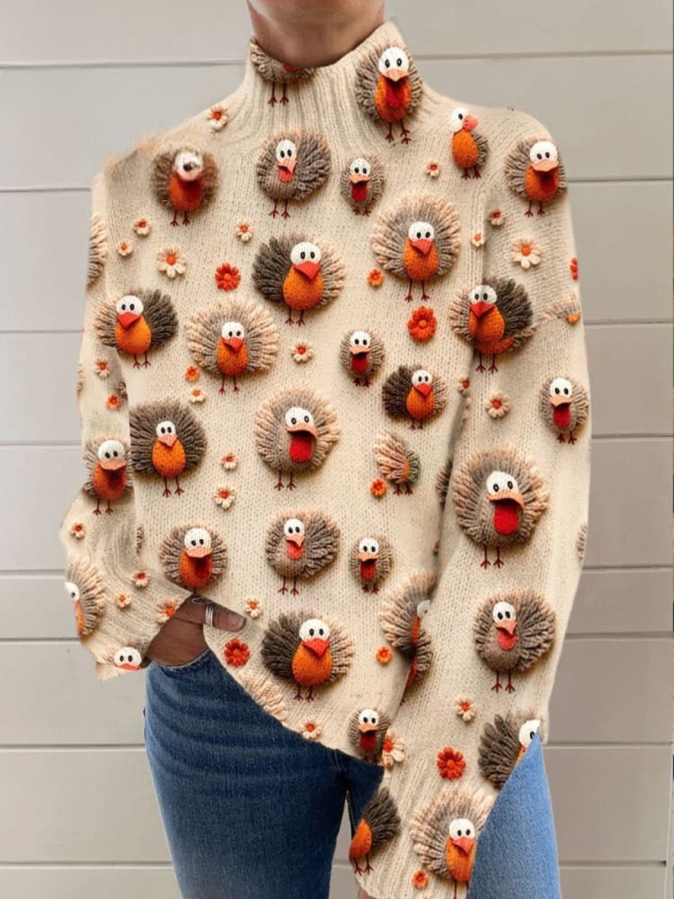 Sweter z golfem w stylu retro, z kolorowymi blokami i kwiatowym wzorem