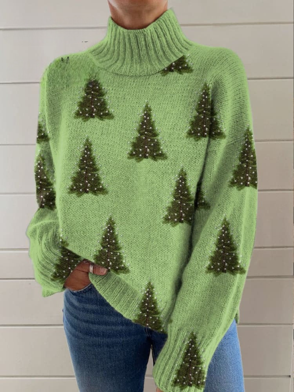 Sweter z golfem w stylu retro, z kolorowymi blokami i kwiatowym wzorem
