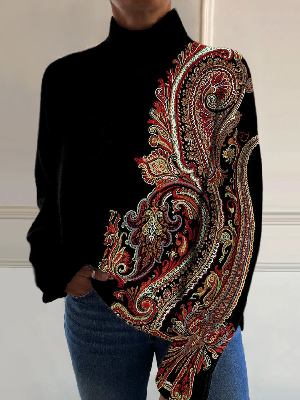 Świetnie Stylizowany Retro Sweter z Golfem i Drukowanym Wzorem